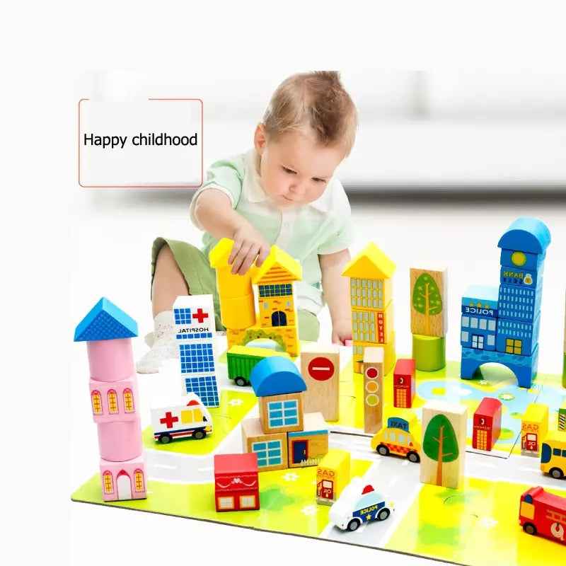 62 pcs city wooden blocks