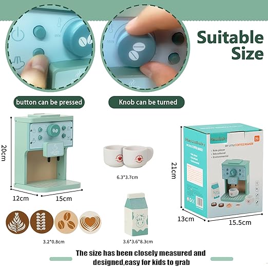 Wooden Coffee Maker Toy,Coffee Maker for Kids,Toddler Coffee Maker Play Kitchen Accessories,Non-Toxic Wooden Coffee Toy Set Perfect Birthday for 3+ Girls Boys