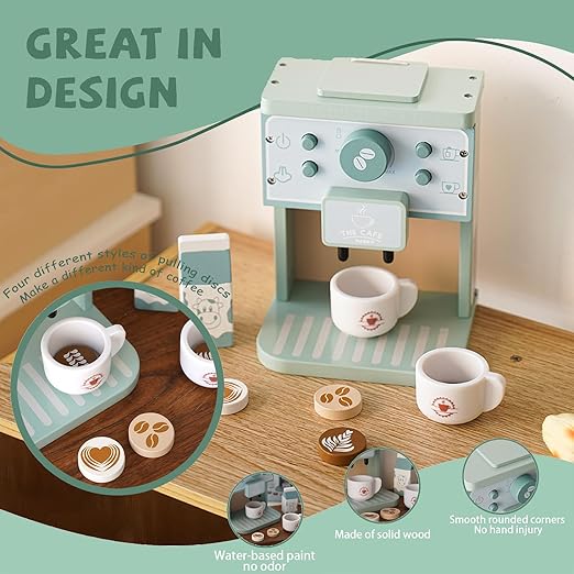 Wooden Coffee Maker Toy,Coffee Maker for Kids,Toddler Coffee Maker Play Kitchen Accessories,Non-Toxic Wooden Coffee Toy Set Perfect Birthday for 3+ Girls Boys
