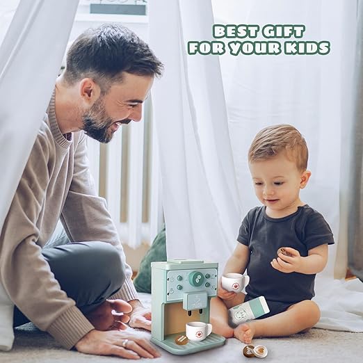 Wooden Coffee Maker Toy,Coffee Maker for Kids,Toddler Coffee Maker Play Kitchen Accessories,Non-Toxic Wooden Coffee Toy Set Perfect Birthday for 3+ Girls Boys