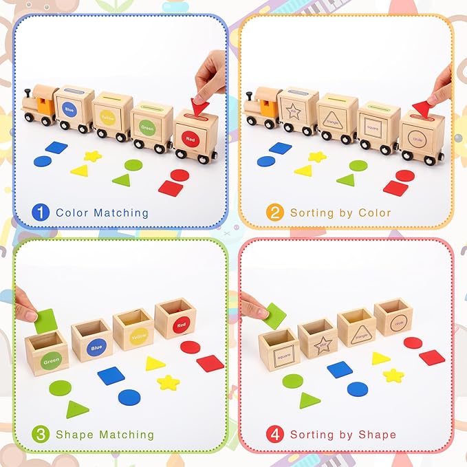 Color Shape Sorting Train Toy for Toddler 1-3 Year Old Wooden Montessori Toy Game with 16 Cards Geometric Matching Blocks Gift for 1 2 3 Year Old Baby Preschool Early Educational Learning