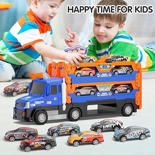 Truck Race Track Set, 55 Inch Race Track with 6 Die-Cast Metal Toy Cars, Interactive Truck with Lights & Sounds, Toddler Truck Toy Gifts for 3-8 Years Old Boys and Girls