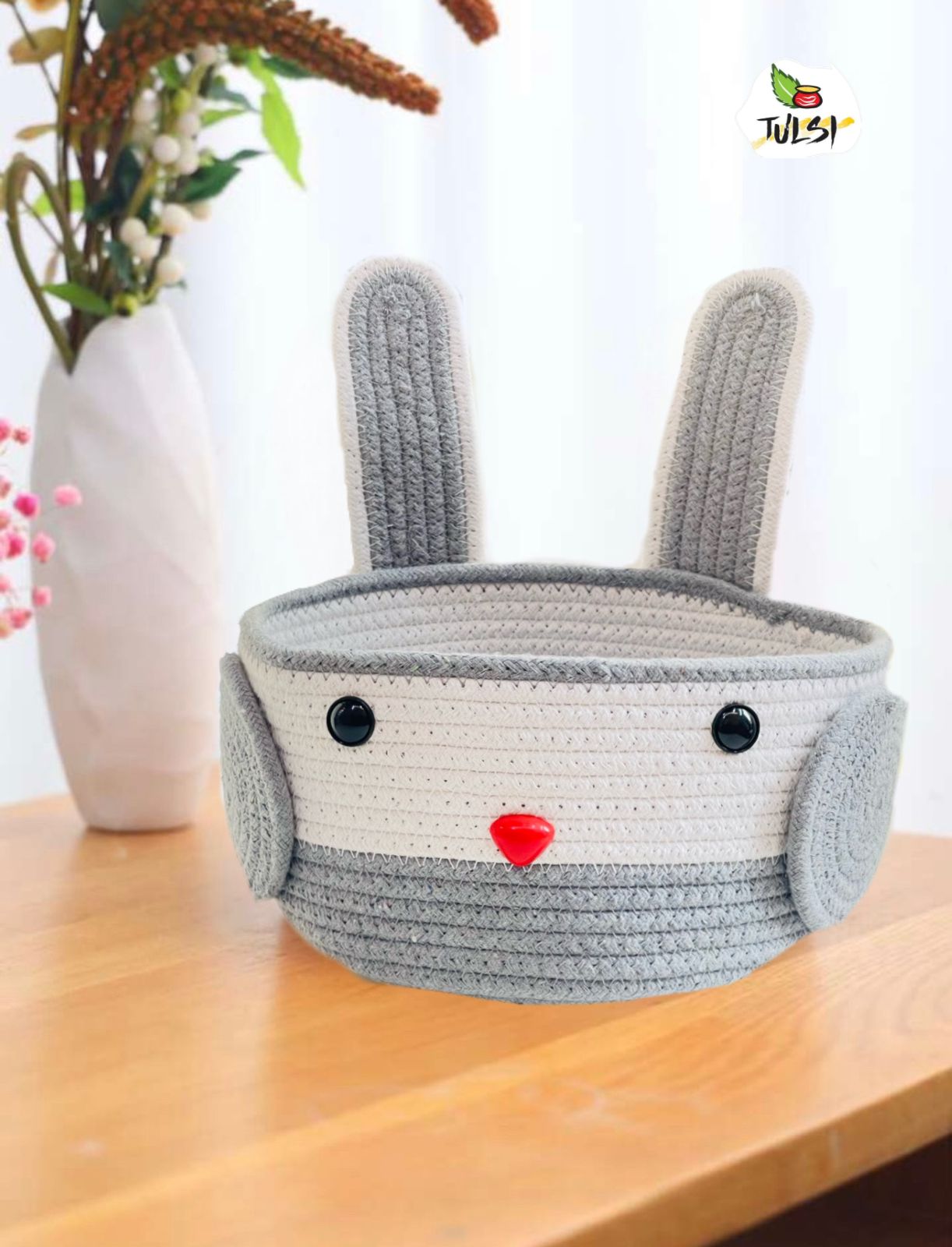 Rabbit Woven Basket – Handmade Cotton Thread Storage Bucket 🧺