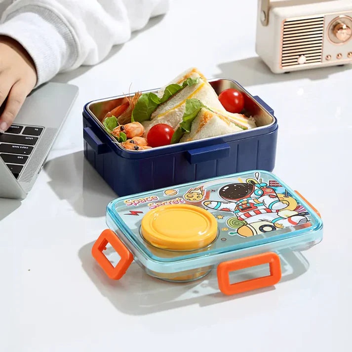 Cartoon Space Design Tiffin Box for Kids with Steel Tray & Side Locks