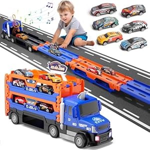Truck Race Track Set, 55 Inch Race Track with 6 Die-Cast Metal Toy Cars, Interactive Truck with Lights & Sounds, Toddler Truck Toy Gifts for 3-8 Years Old Boys and Girls