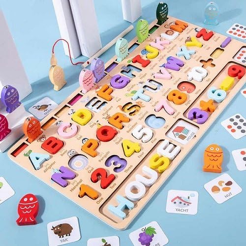 Alphabet Puzzle Table, Calculations with English Learning Card Combine Magnet Fishing for Children Learn and Play