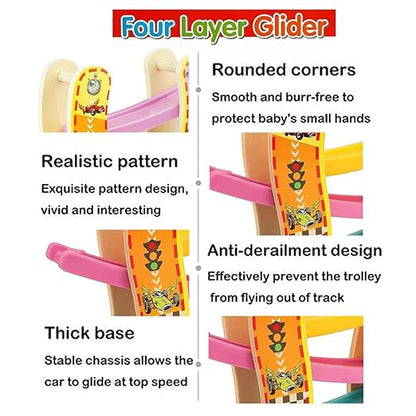 Colorful Wooden Ramp Race Track Car Set with Set of 4 Cars【1 Pc】【Multi-Colored】【100% Safe & Non-Toxic】