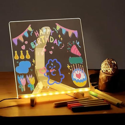 LED Note Board with 7 Colorful Pens | Acrylic Light-Up Dry Erase Board with Stand (7.9 x 7.9”)