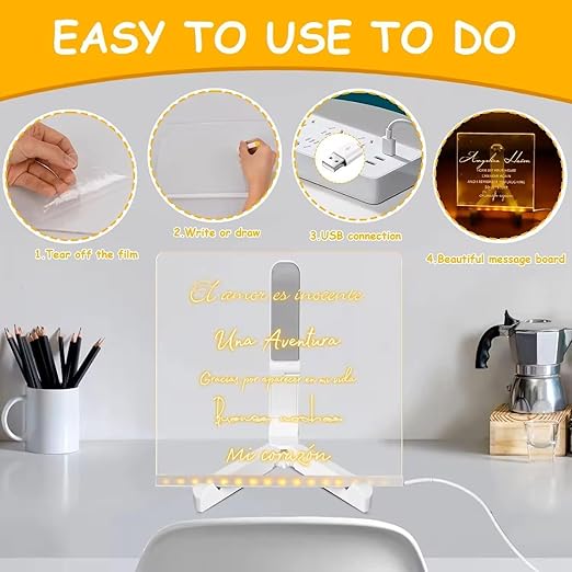 LED Note Board with 7 Colorful Pens | Acrylic Light-Up Dry Erase Board with Stand (7.9 x 7.9”)