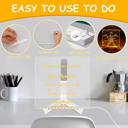 LED Note Board with 7 Colorful Pens | Acrylic Light-Up Dry Erase Board with Stand (7.9 x 7.9”)