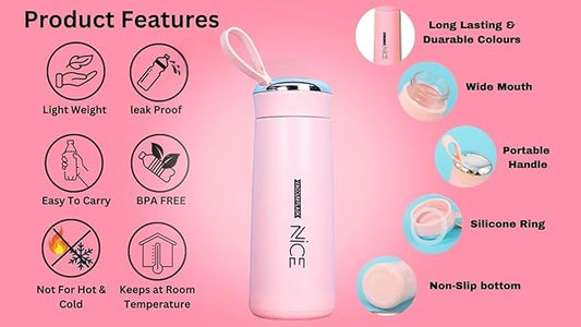 Nice Glass Water Bottle (400ml, Multicolor) | Wide Mouth Vacuum Flask | Leakproof & BPA-Free for Kids & Adults