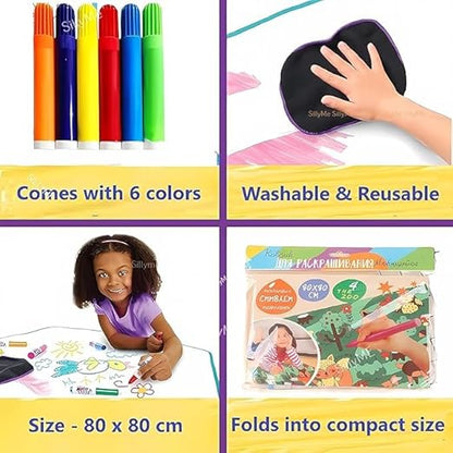 1pc Water Drawing Mat for Kids – 80 x 80 cm | Reusable & Washable Colouring Mat with 6 Sketch Pens