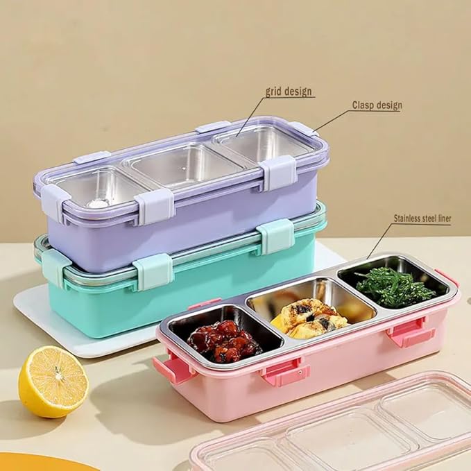 3-Compartment Bento Lunch Box for Adults & Kids | Leakproof Stainless Steel Food Container with Lid | BPA-Free