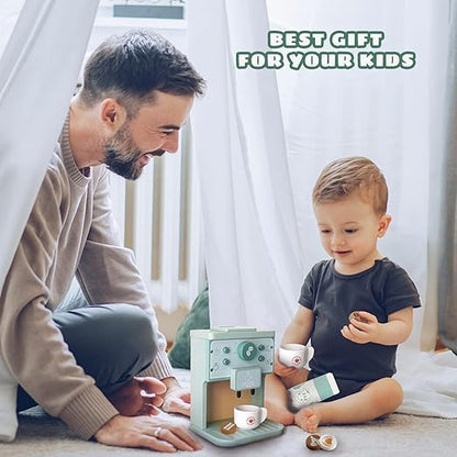 Wooden Coffee Maker Toy,Coffee Maker for Kids,Toddler Coffee Maker Play Kitchen Accessories，Non-Toxic Wooden Coffee Toy Set Perfect Birthday for 3+ Girls Boys