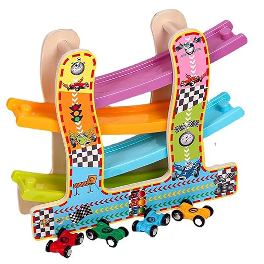Colorful Wooden Ramp Race Track Car Set with Set of 4 Cars【1 Pc】【Multi-Colored】【100% Safe & Non-Toxic】