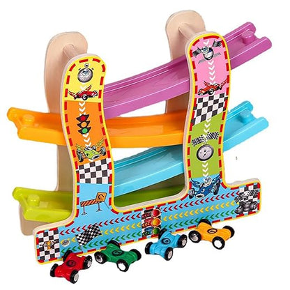 Colorful Wooden Ramp Race Track Car Set with Set of 4 Cars【1 Pc】【Multi-Colored】【100% Safe & Non-Toxic】