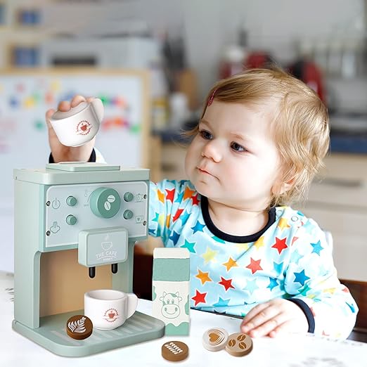 Wooden Coffee Maker Toy,Coffee Maker for Kids,Toddler Coffee Maker Play Kitchen Accessories，Non-Toxic Wooden Coffee Toy Set Perfect Birthday for 3+ Girls Boys