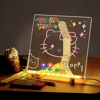 LED Note Board with 7 Colorful Pens | Acrylic Light-Up Dry Erase Board with Stand (7.9 x 7.9”)