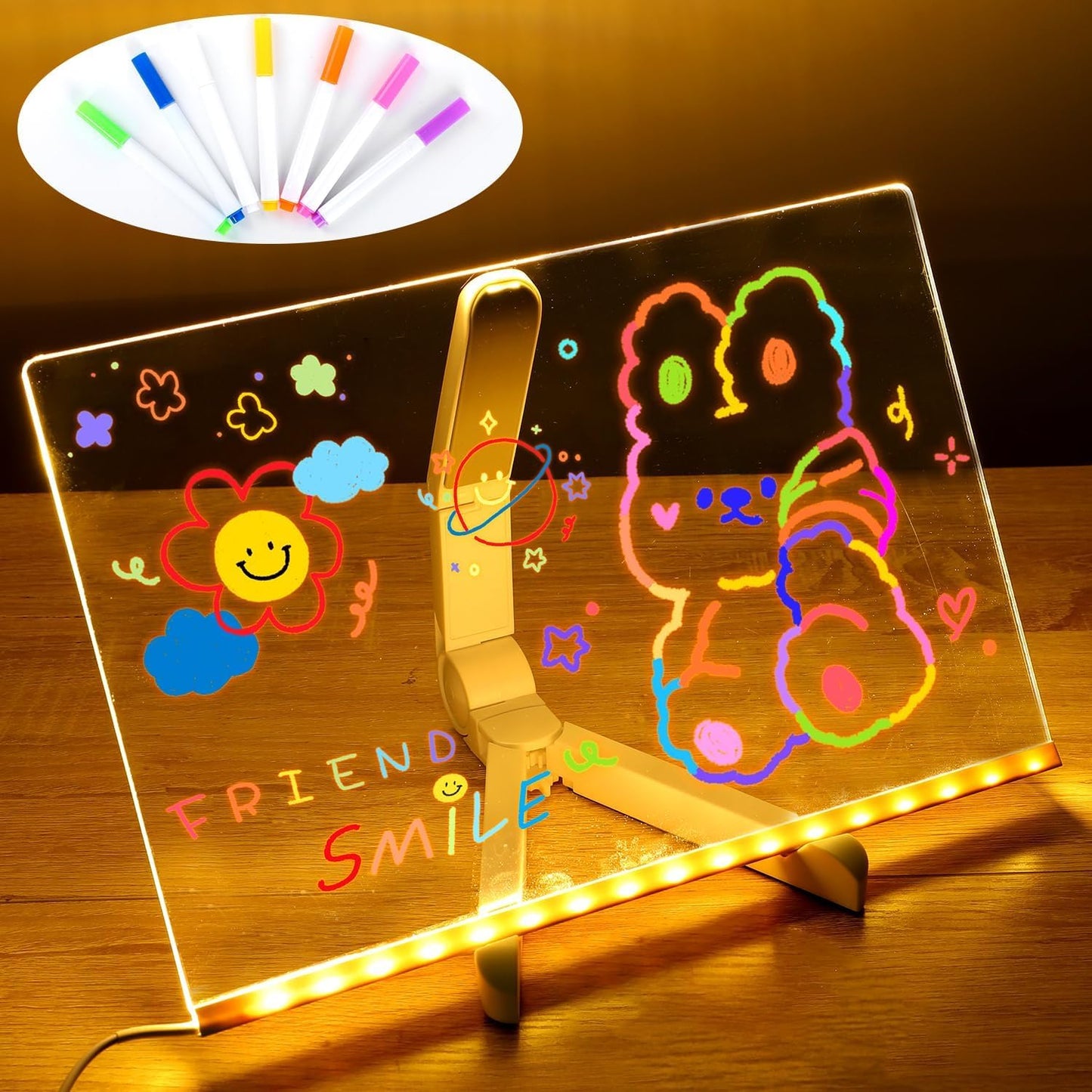 LED Note Board with 7 Colorful Pens | Acrylic Light-Up Dry Erase Board with Stand (7.9 x 7.9”)