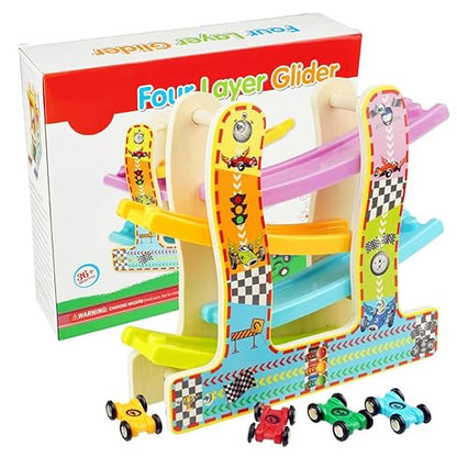 Colorful Wooden Ramp Race Track Car Set with Set of 4 Cars【1 Pc】【Multi-Colored】【100% Safe & Non-Toxic】
