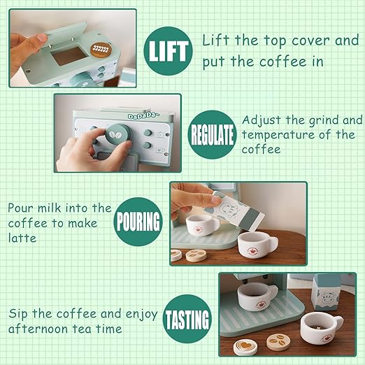 Wooden Coffee Maker Toy,Coffee Maker for Kids,Toddler Coffee Maker Play Kitchen Accessories，Non-Toxic Wooden Coffee Toy Set Perfect Birthday for 3+ Girls Boys