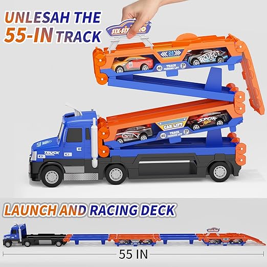 Truck Race Track Set, 55 Inch Race Track with 6 Die-Cast Metal Toy Cars, Interactive Truck with Lights & Sounds, Toddler Truck Toy Gifts for 3-8 Years Old Boys and Girls
