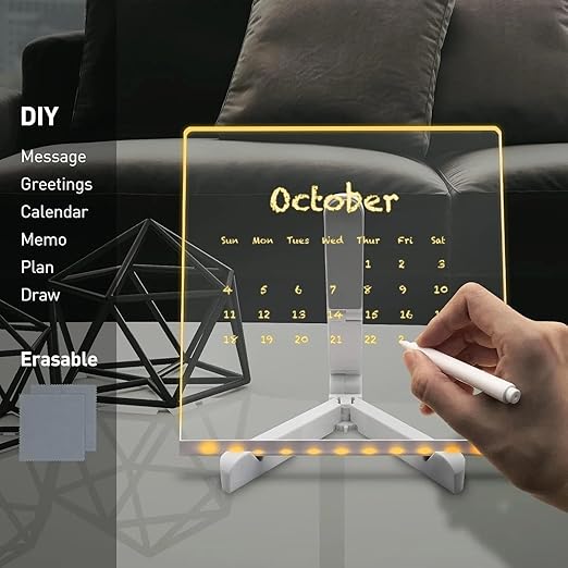 LED Note Board with 7 Colorful Pens | Acrylic Light-Up Dry Erase Board with Stand (7.9 x 7.9”)