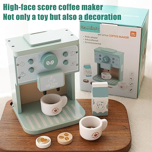 Wooden Coffee Maker Toy,Coffee Maker for Kids,Toddler Coffee Maker Play Kitchen Accessories，Non-Toxic Wooden Coffee Toy Set Perfect Birthday for 3+ Girls Boys