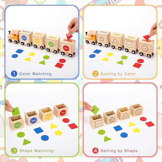 Color Shape Sorting Train Toy for Toddler 1-3 Year Old Wooden Montessori Toy Game with 16 Cards Geometric Matching Blocks Gift for 1 2 3 Year Old Baby Preschool Early Educational Learning