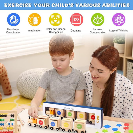 Color Shape Sorting Train Toy for Toddler 1-3 Year Old Wooden Montessori Toy Game with 16 Cards Geometric Matching Blocks Gift for 1 2 3 Year Old Baby Preschool Early Educational Learning