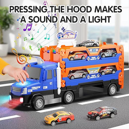 Truck Race Track Set, 55 Inch Race Track with 6 Die-Cast Metal Toy Cars, Interactive Truck with Lights & Sounds, Toddler Truck Toy Gifts for 3-8 Years Old Boys and Girls