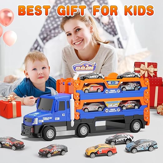Truck Race Track Set, 55 Inch Race Track with 6 Die-Cast Metal Toy Cars, Interactive Truck with Lights & Sounds, Toddler Truck Toy Gifts for 3-8 Years Old Boys and Girls