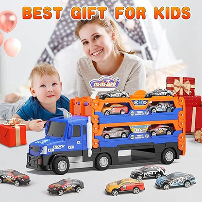 Truck Race Track Set, 55 Inch Race Track with 6 Die-Cast Metal Toy Cars, Interactive Truck with Lights & Sounds, Toddler Truck Toy Gifts for 3-8 Years Old Boys and Girls