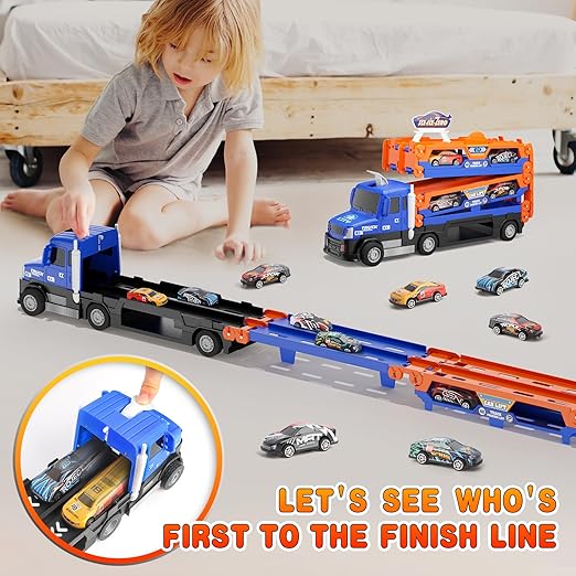 Truck Race Track Set, 55 Inch Race Track with 6 Die-Cast Metal Toy Cars, Interactive Truck with Lights & Sounds, Toddler Truck Toy Gifts for 3-8 Years Old Boys and Girls