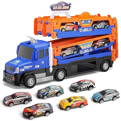 Truck Race Track Set, 55 Inch Race Track with 6 Die-Cast Metal Toy Cars, Interactive Truck with Lights & Sounds, Toddler Truck Toy Gifts for 3-8 Years Old Boys and Girls