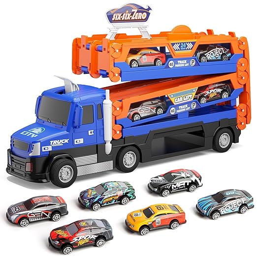Truck Race Track Set, 55 Inch Race Track with 6 Die-Cast Metal Toy Cars, Interactive Truck with Lights & Sounds, Toddler Truck Toy Gifts for 3-8 Years Old Boys and Girls