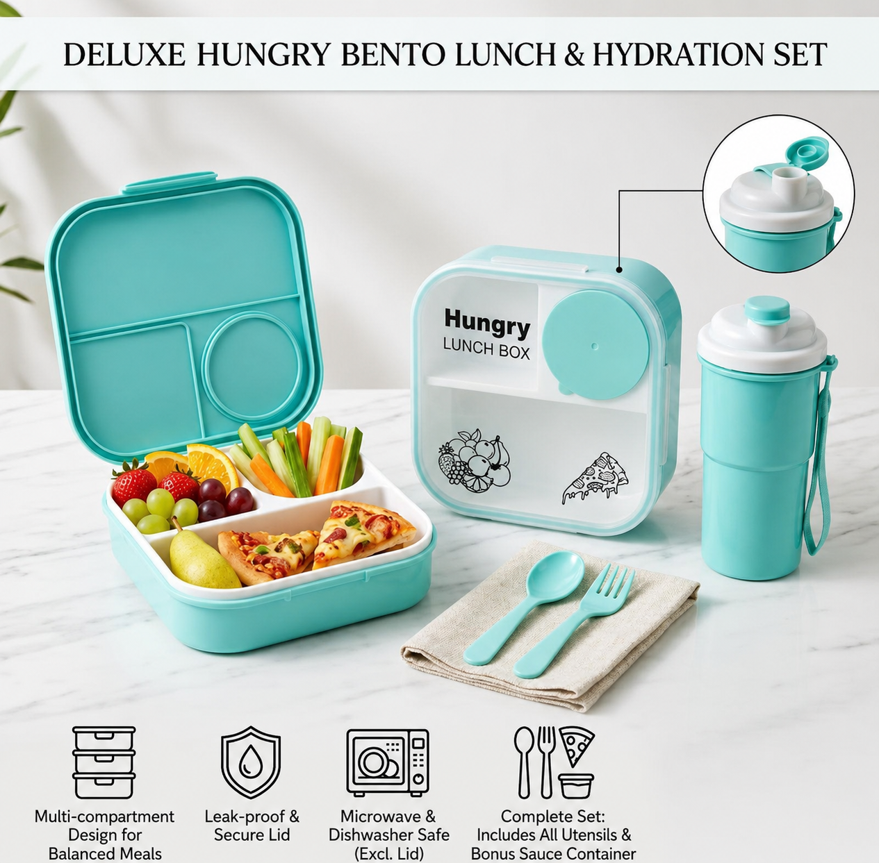 Hungry Lunch Box & Bottle Set – 1200ML Leak-Proof Bento Lunch Combo