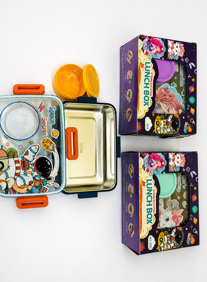 Cartoon Space Design Tiffin Box for Kids with Steel Tray & Side Locks