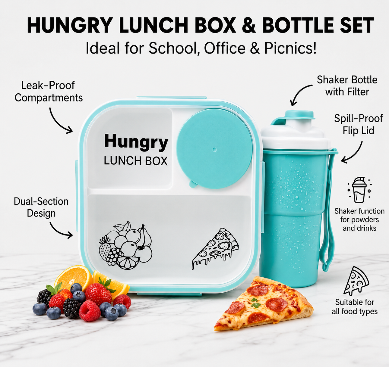 Hungry Lunch Box & Bottle Set – 1200ML Leak-Proof Bento Lunch Combo