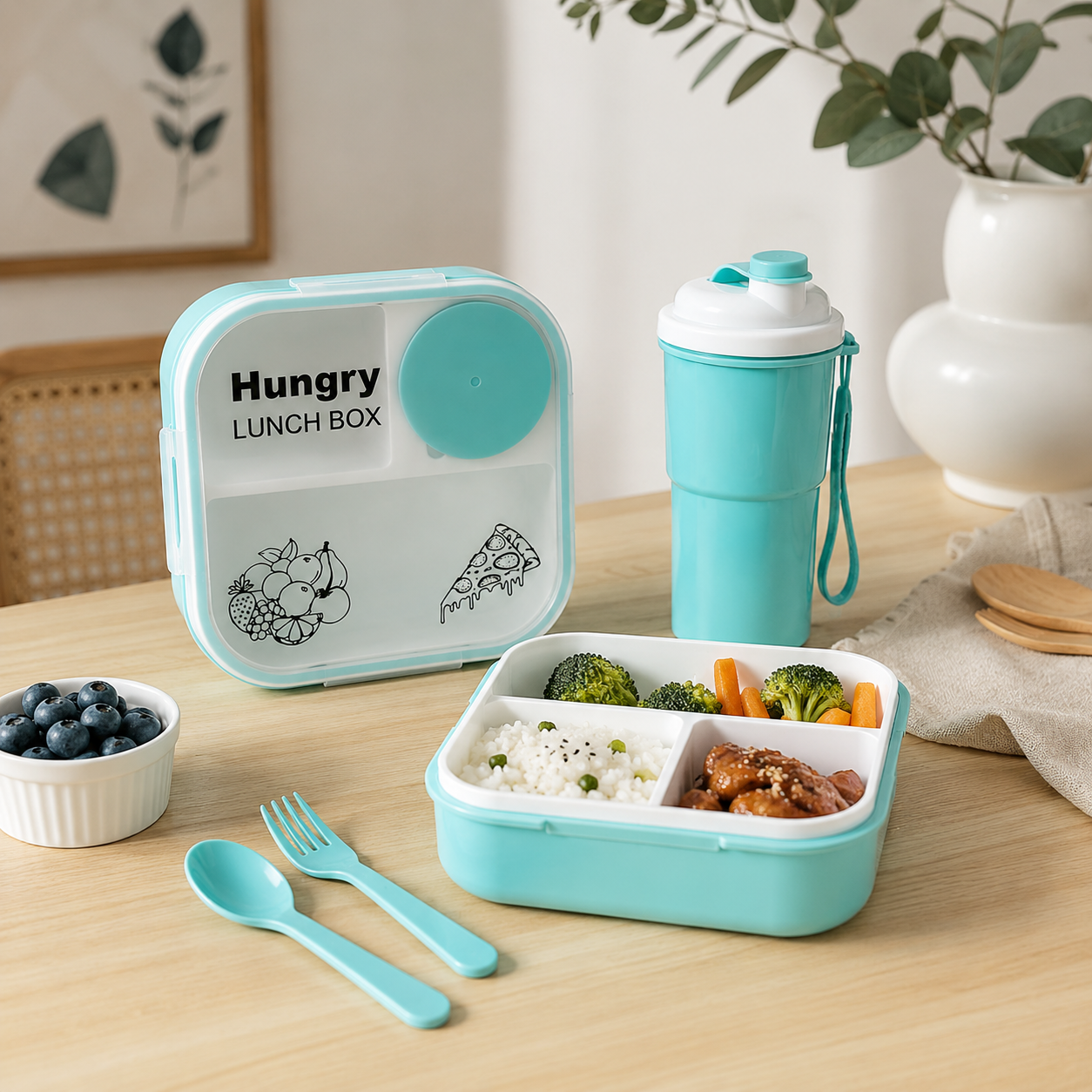 Hungry Lunch Box & Bottle Set – 1200ML Leak-Proof Bento Lunch Combo