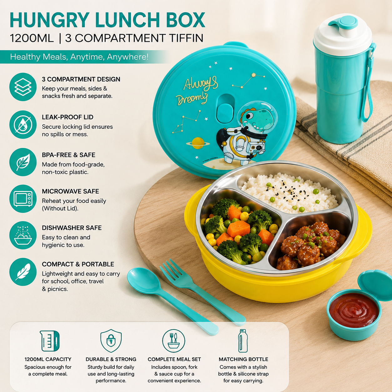 1200ML Kids Tiffin Box with Stainless Steel Compartments