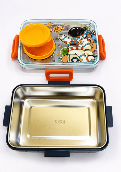 Cartoon Space Design Tiffin Box for Kids with Steel Tray & Side Locks