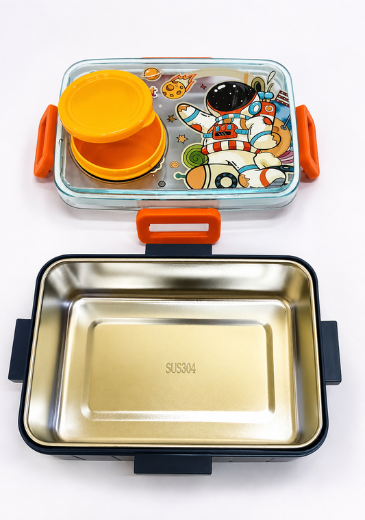 Cartoon Space Design Tiffin Box for Kids with Steel Tray & Side Locks