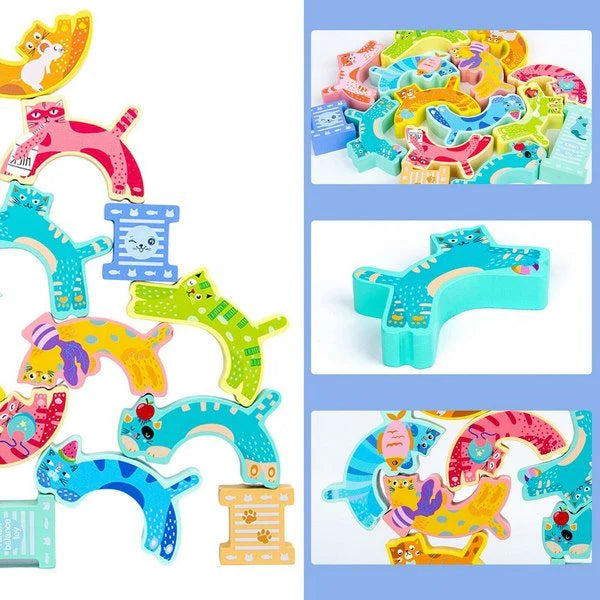 Wooden kitten balance game Kids Creative Cat Building Blocks Smooth Stacking Toy Game