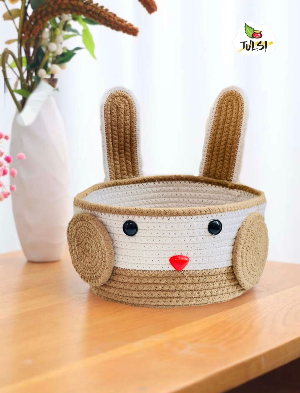 Rabbit Woven Basket – Handmade Cotton Thread Storage Bucket 🧺