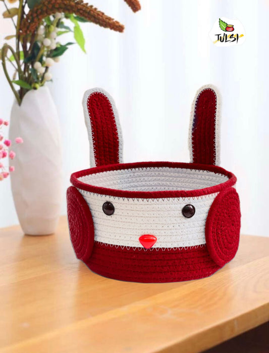 Rabbit Woven Basket – Handmade Cotton Thread Storage Bucket 🧺