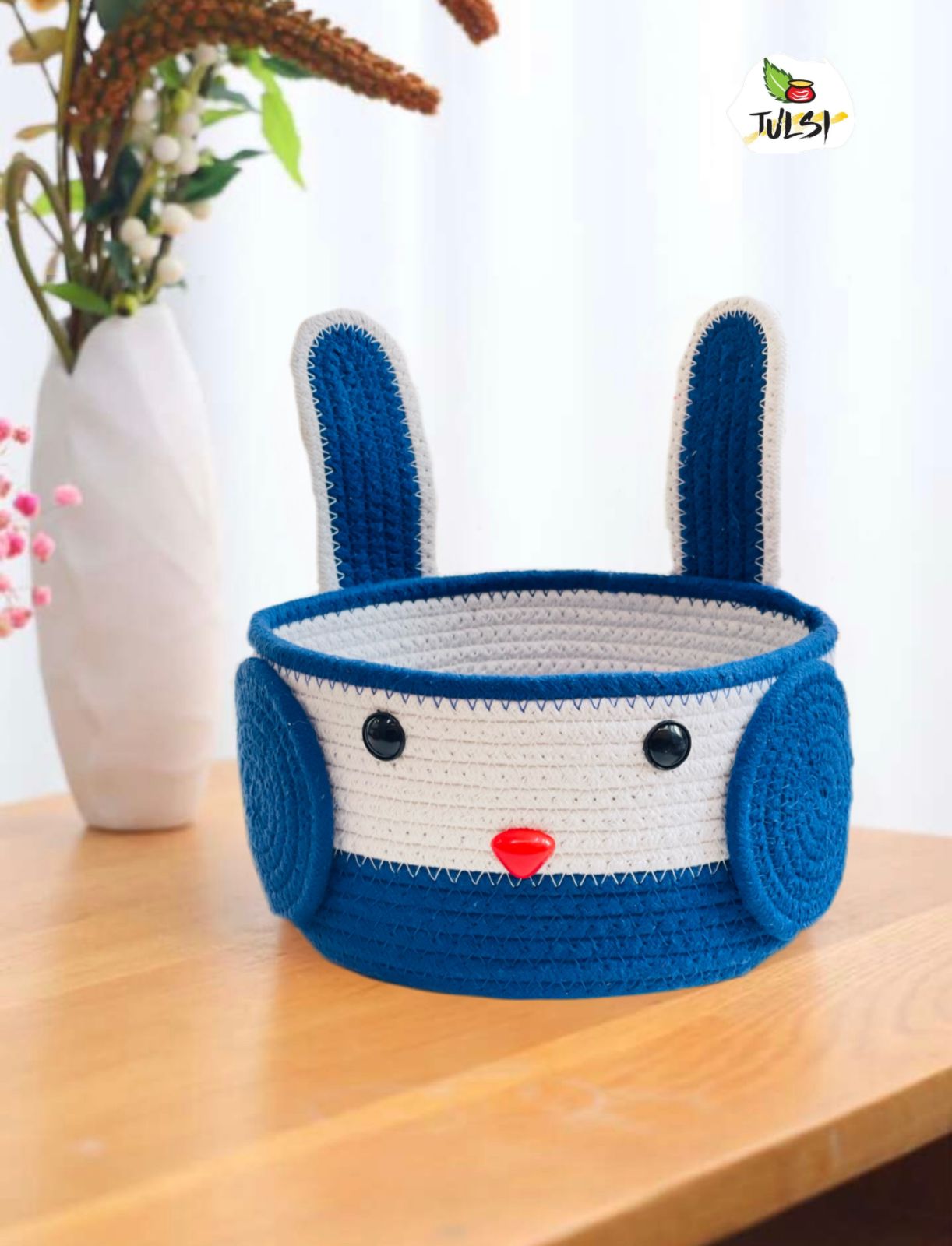 Rabbit Woven Basket – Handmade Cotton Thread Storage Bucket 🧺